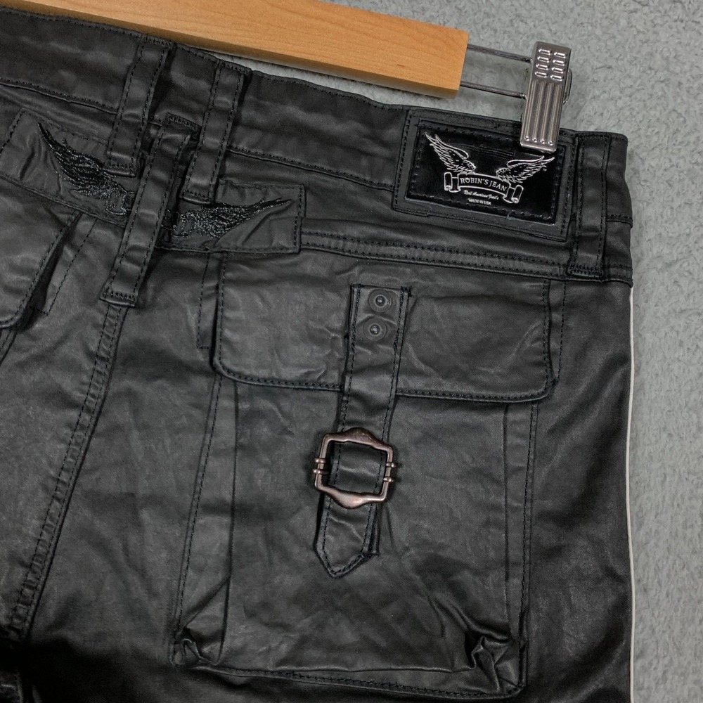 Robin's Jeans Predator Cargo Pants Women's 25 Black Coated‎ Side Striped Sporty - Picture 8 of 14